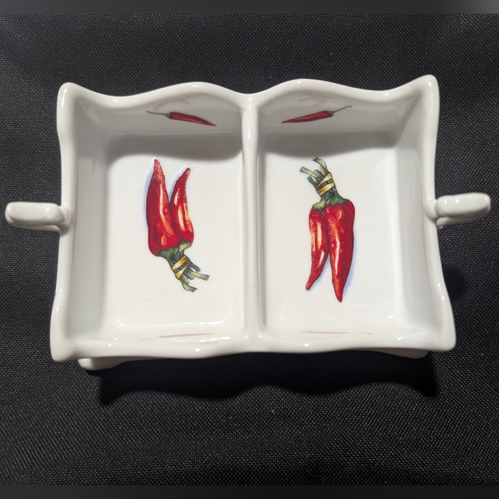 Chili Pepper Design Ceramic Divided Dish Hand painted By Joyce Karlen